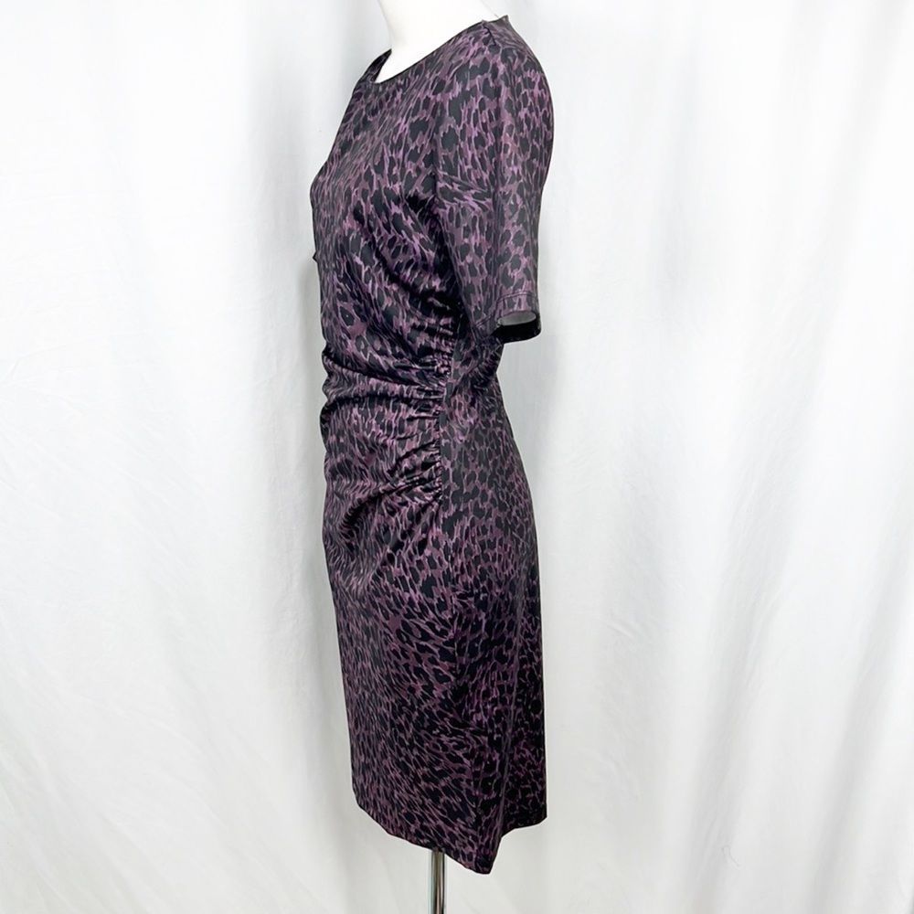Elie Tahari Raveena Ruched Sheath Dress Aubergine Purple & Black Leopard Print 8 - Picture 8 of 13